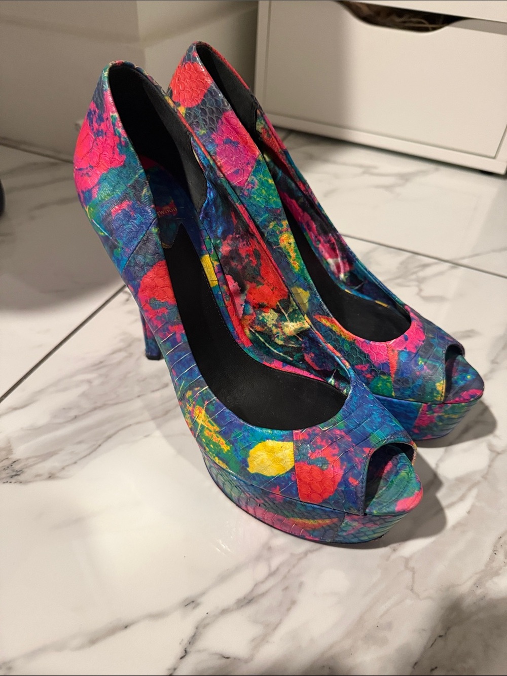 Brian Atwood Multicolor Floral Print Peep-Toe Platform Heels